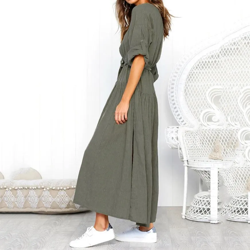 Women's Autumn Casual Loose V-Neck Maxi Dress