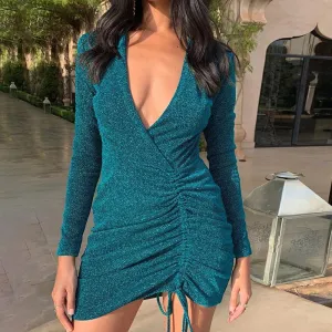 Women's Autumn Long Sleeve Slim V-Neck Mini Dress