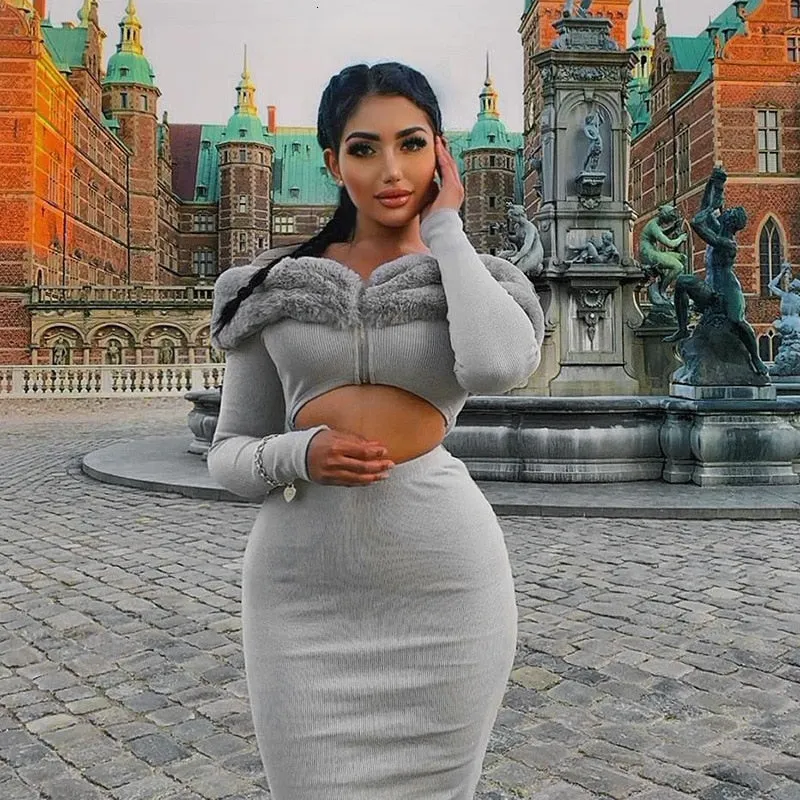 Women's Autumn Off-Shoulder Sheath Two-Piece Midi Dress