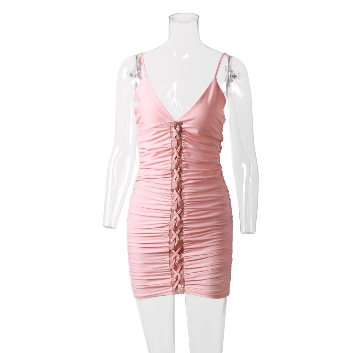 Women's Casual Sheath Lace-Up V-Neck Mini Dress