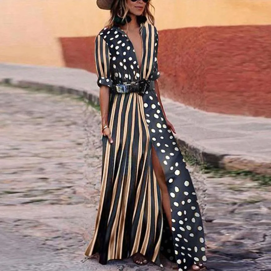 Women's Casual V-Neck Chiffon Half-Sleeved Long Dress