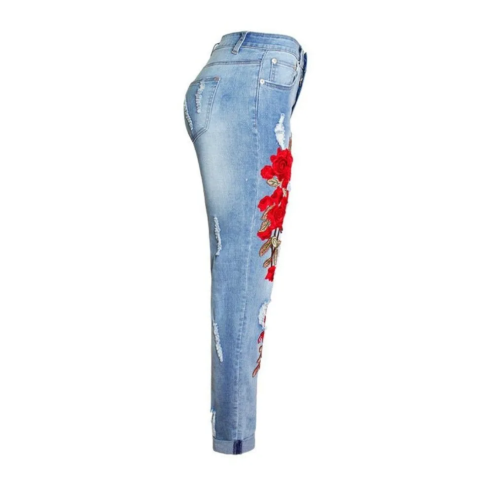 Women's Ripped Jeans With Embroidered Roses