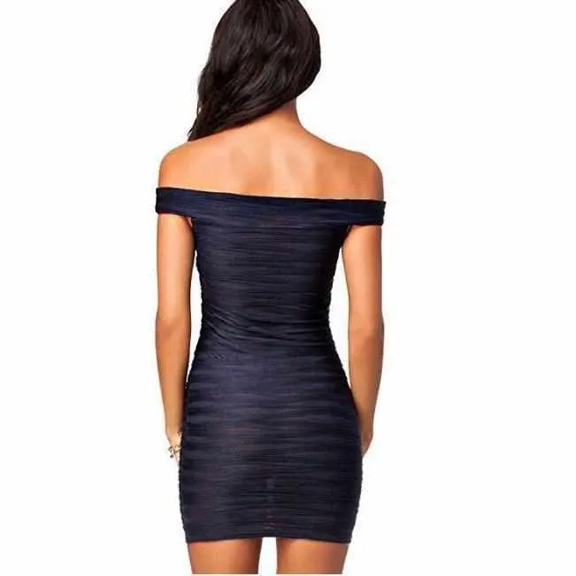 Women's Simple Blue Ripple Off Shoulder Bandage Dress