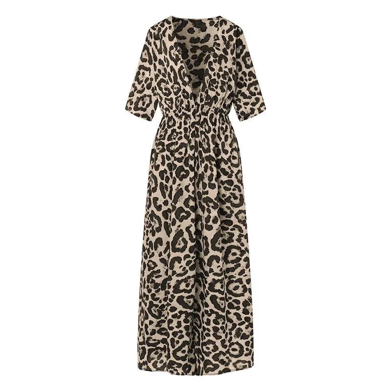 Women's Summer A-Line V-Neck Leopard Long Dress