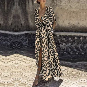 Women's Summer A-Line V-Neck Leopard Long Dress