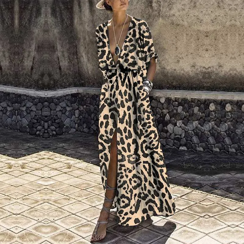 Women's Summer A-Line V-Neck Leopard Long Dress