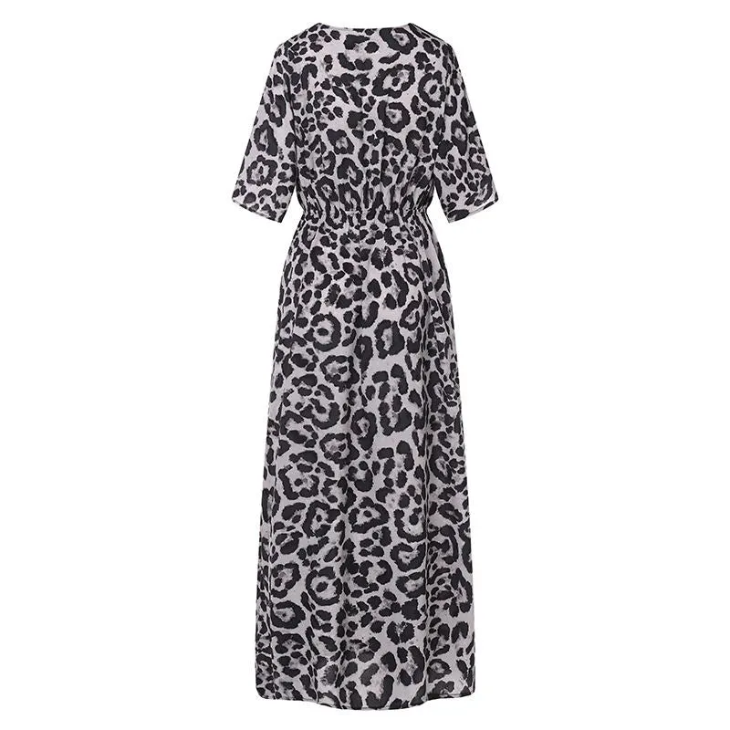 Women's Summer A-Line V-Neck Leopard Long Dress