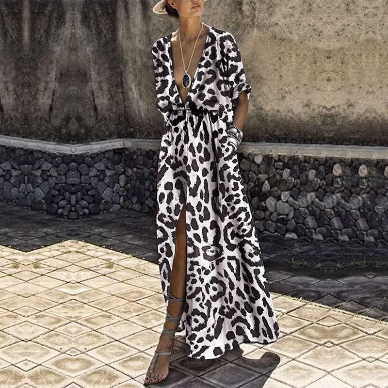 Women's Summer A-Line V-Neck Leopard Long Dress