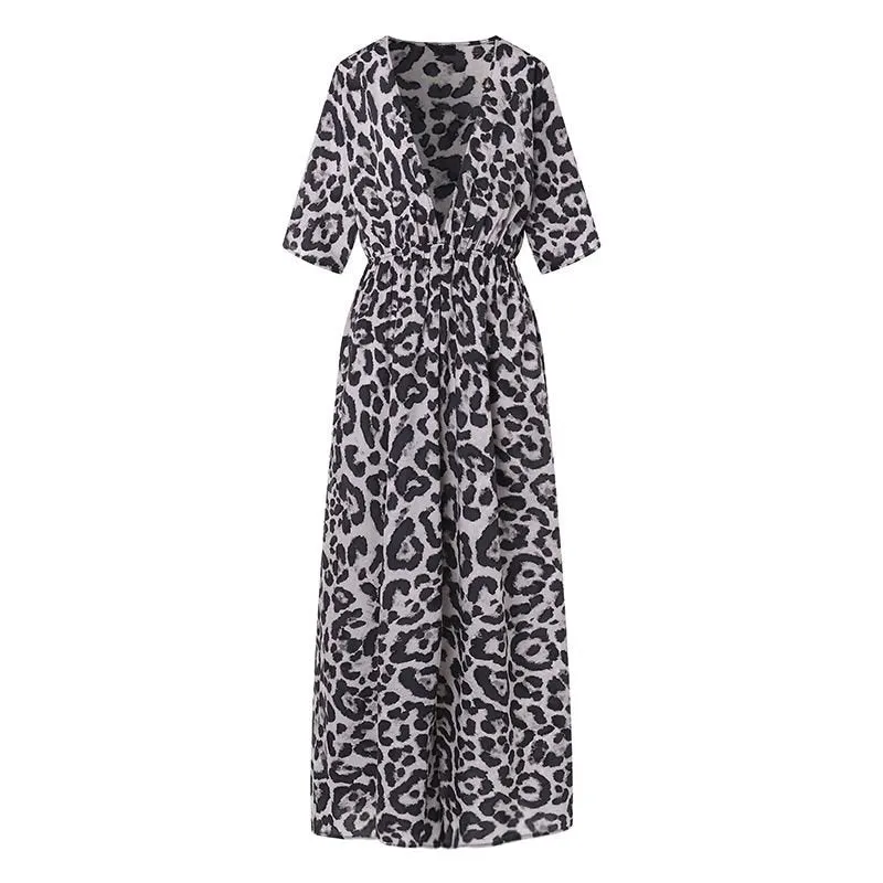Women's Summer A-Line V-Neck Leopard Long Dress
