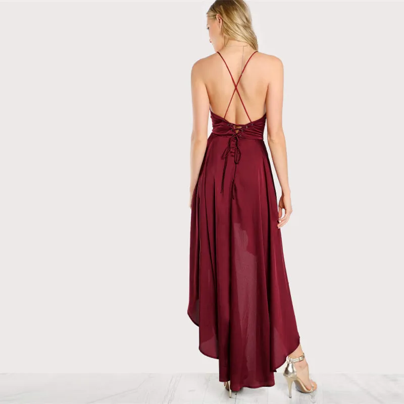 Women's Summer Asymmetrical Deep V-Neck Crisscross Backless Maxi Dress