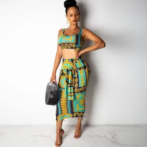 Women's Summer Beach Sheath O-Neck Two-Piece Dress With Print