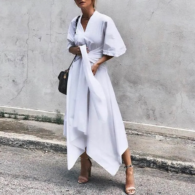 Women's Summer Casual Asymmetrical V-Neck High-Waist Dress