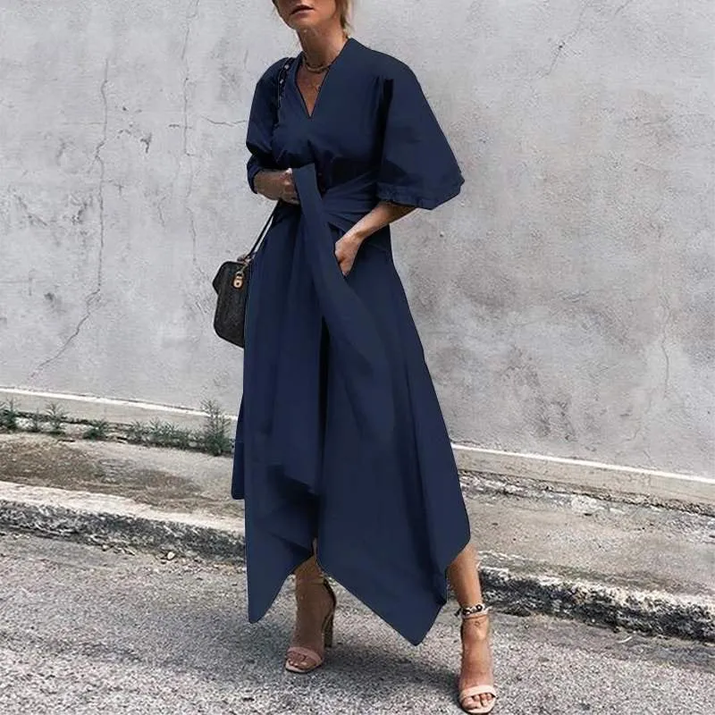 Women's Summer Casual Asymmetrical V-Neck High-Waist Dress