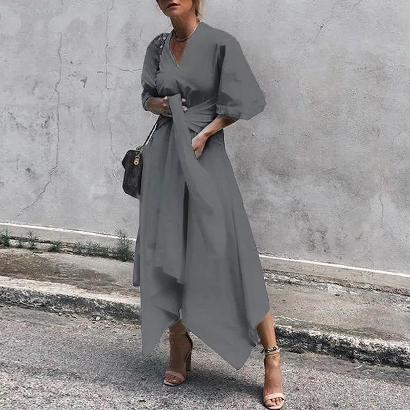 Women's Summer Casual Asymmetrical V-Neck High-Waist Dress