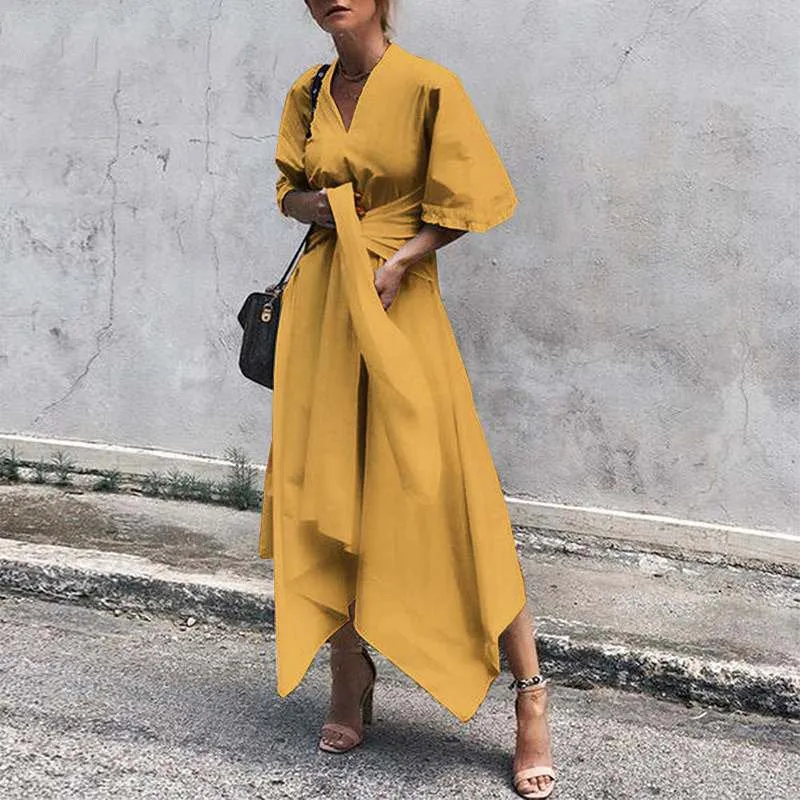 Women's Summer Casual Asymmetrical V-Neck High-Waist Dress