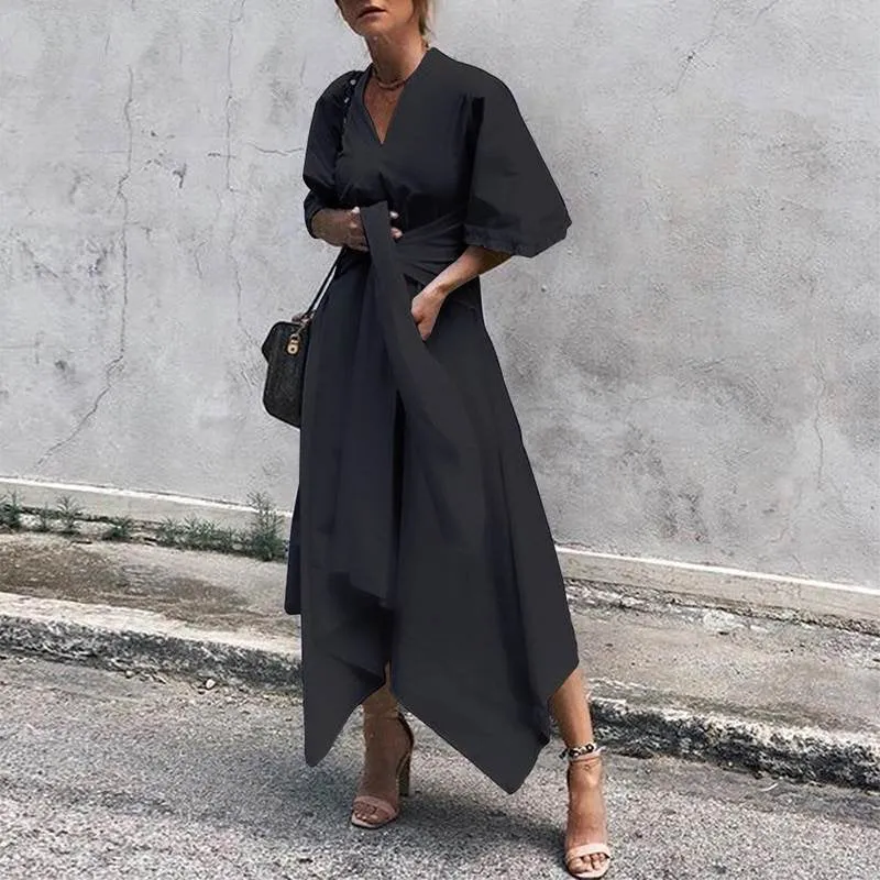 Women's Summer Casual Asymmetrical V-Neck High-Waist Dress