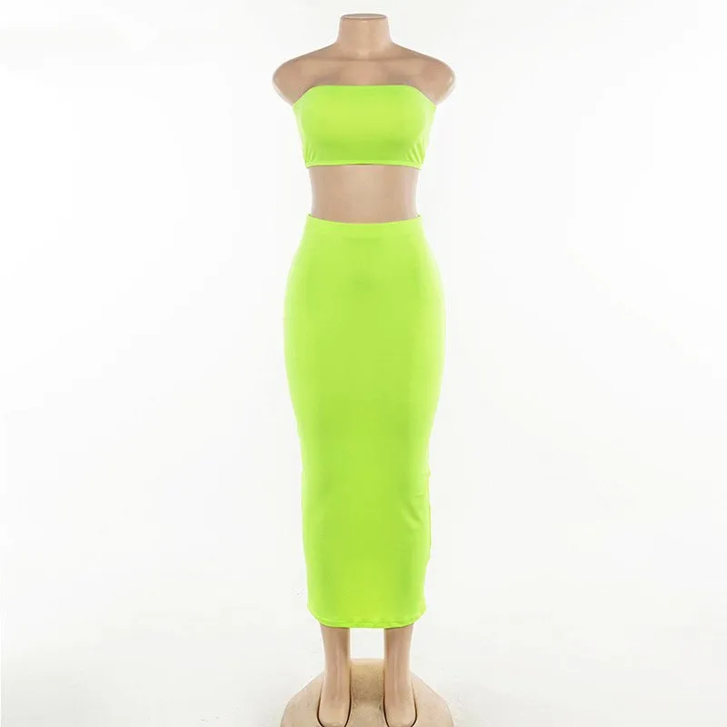 Women's Summer Casual Strapless Neon Two-Piece Dress
