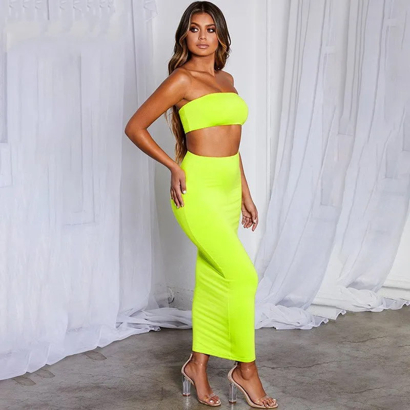 Women's Summer Casual Strapless Neon Two-Piece Dress