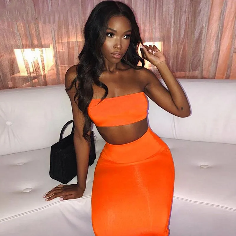 Women's Summer Casual Strapless Neon Two-Piece Dress