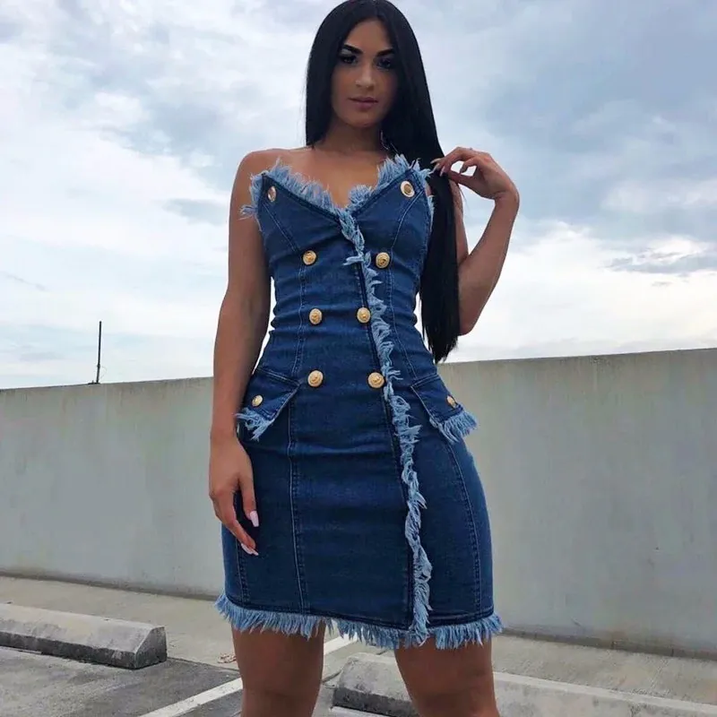 Women's Summer Casual V-Neck Denim Dress With Zipper