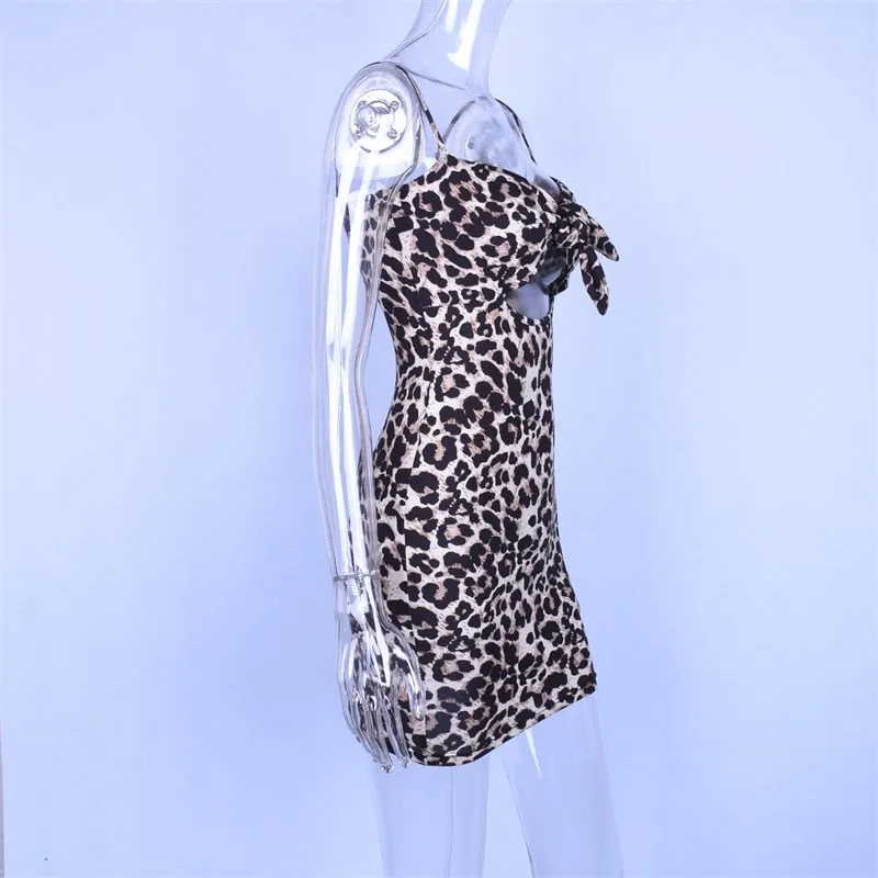 Women's Summer V-Neck Hollow Out Dress With Leopard Print