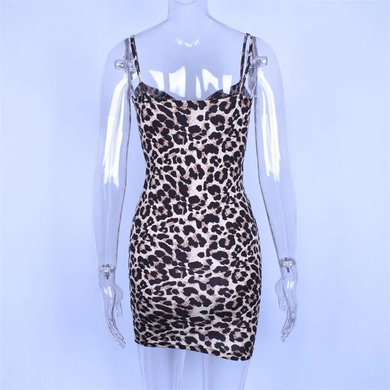 Women's Summer V-Neck Hollow Out Dress With Leopard Print