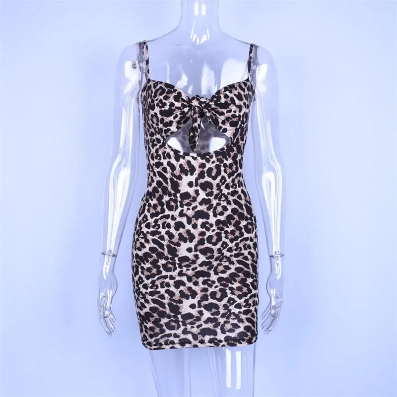 Women's Summer V-Neck Hollow Out Dress With Leopard Print