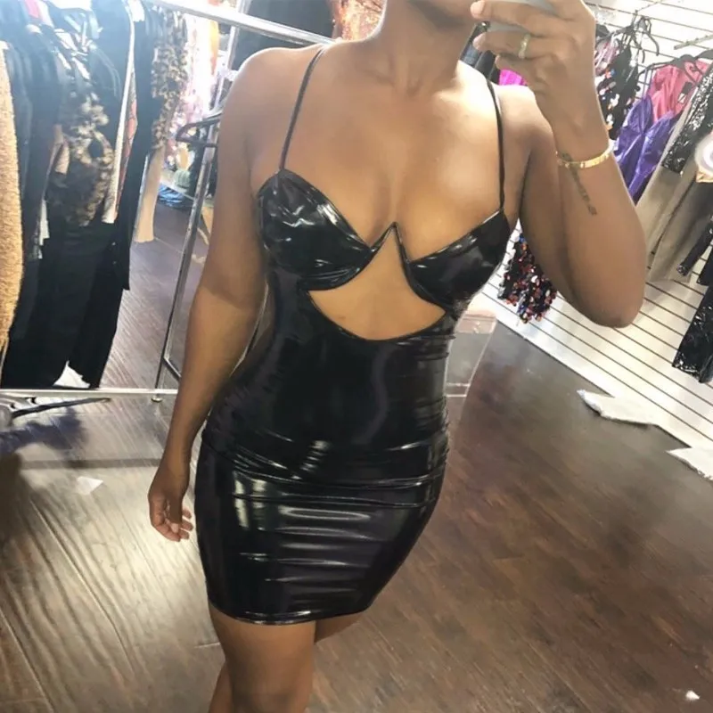 Women's Summer V-Neck PU Leather Sheath Dress
