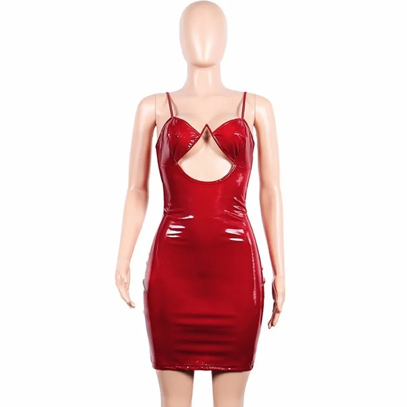 Women's Summer V-Neck PU Leather Sheath Dress