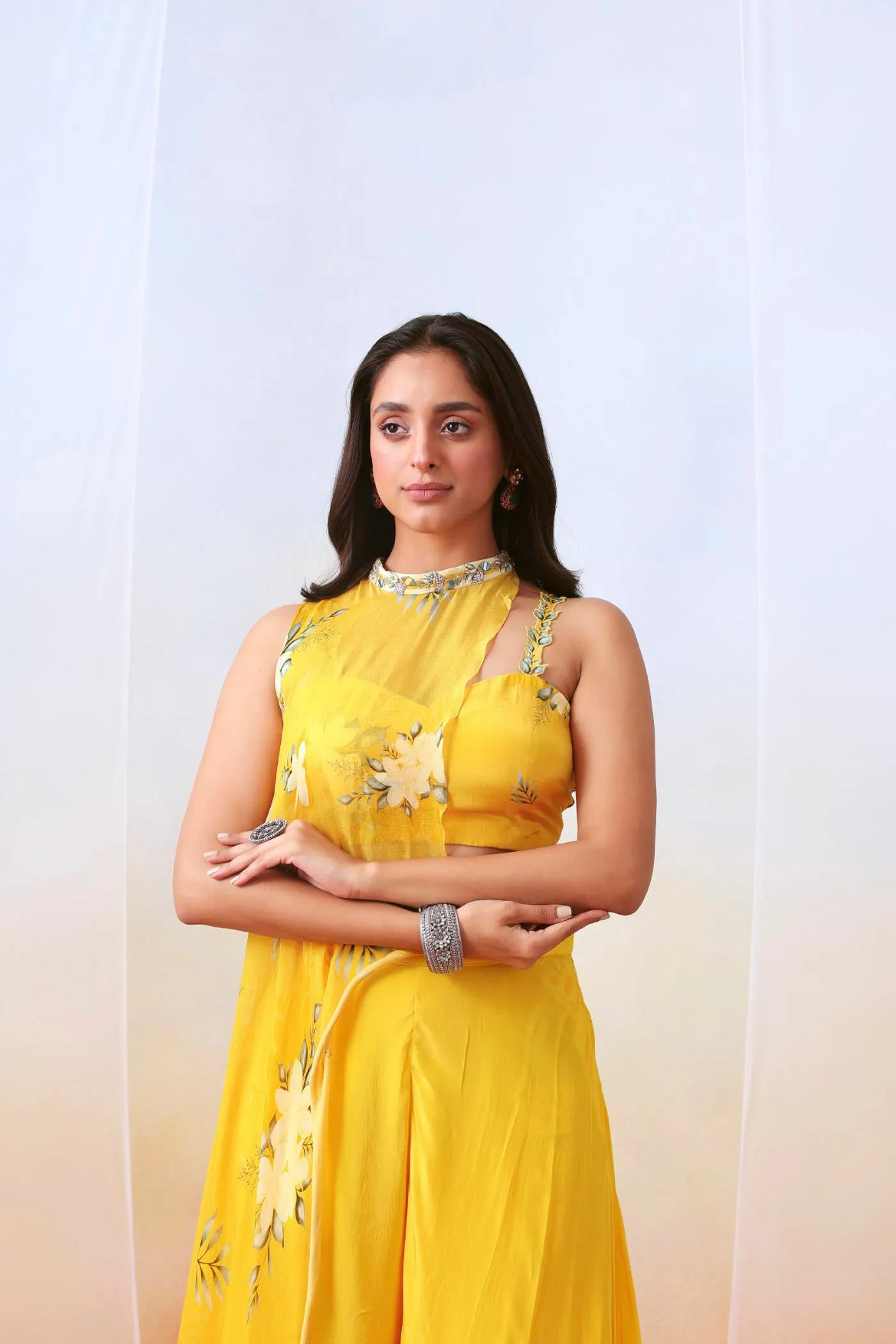 Yellow printed sharara set with embroidered  drape cape