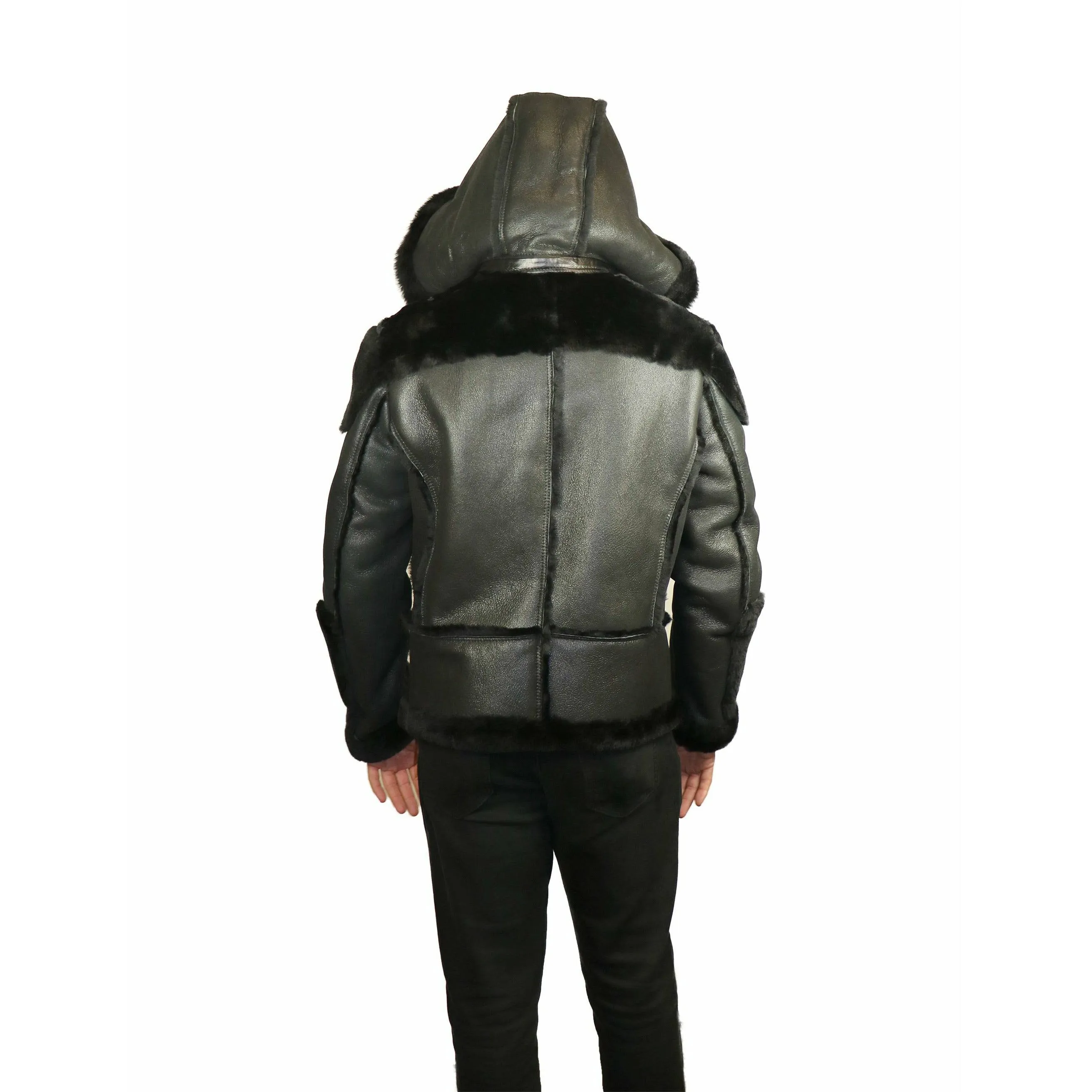Zooloo Men's Sheepskin Shearling Moto Jacket with Hood